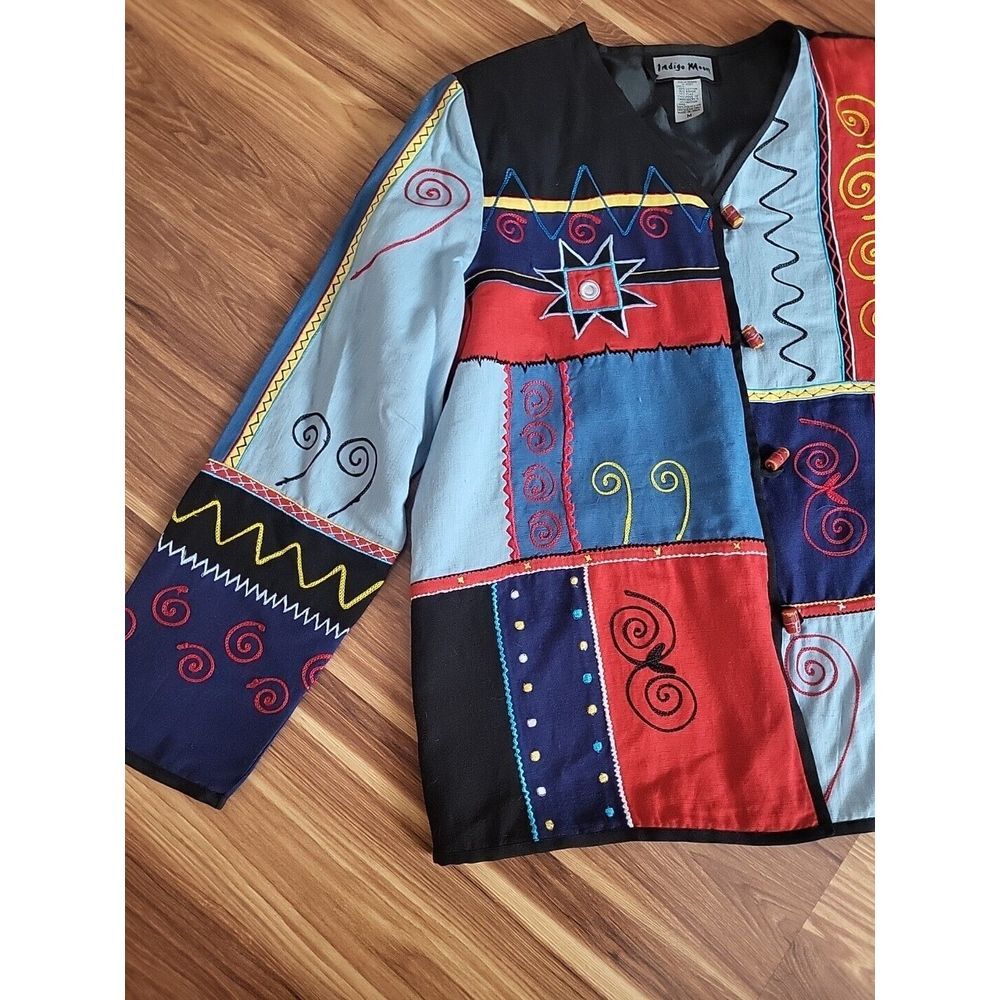 Indigo Moon Embroidered Beaded Jacket Women's Size Medium Color Block Eclectic - Picture 3 of 9